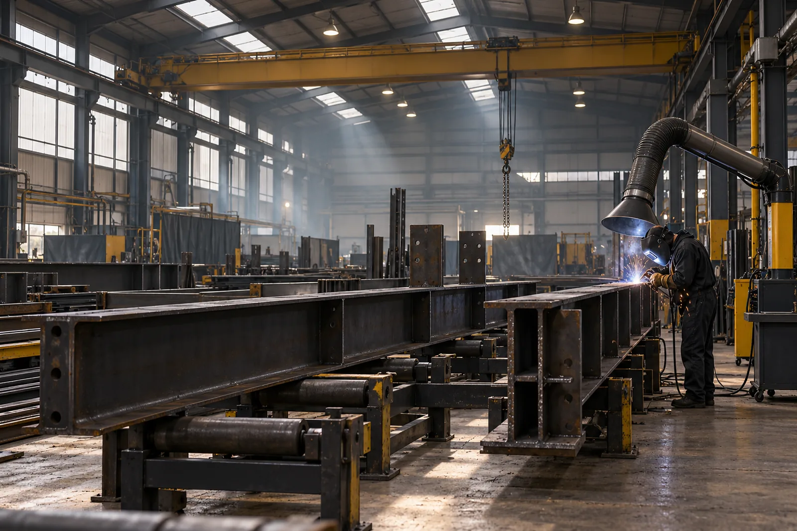 Steel beams and welding equipment inside an industrial fabrication workshop
